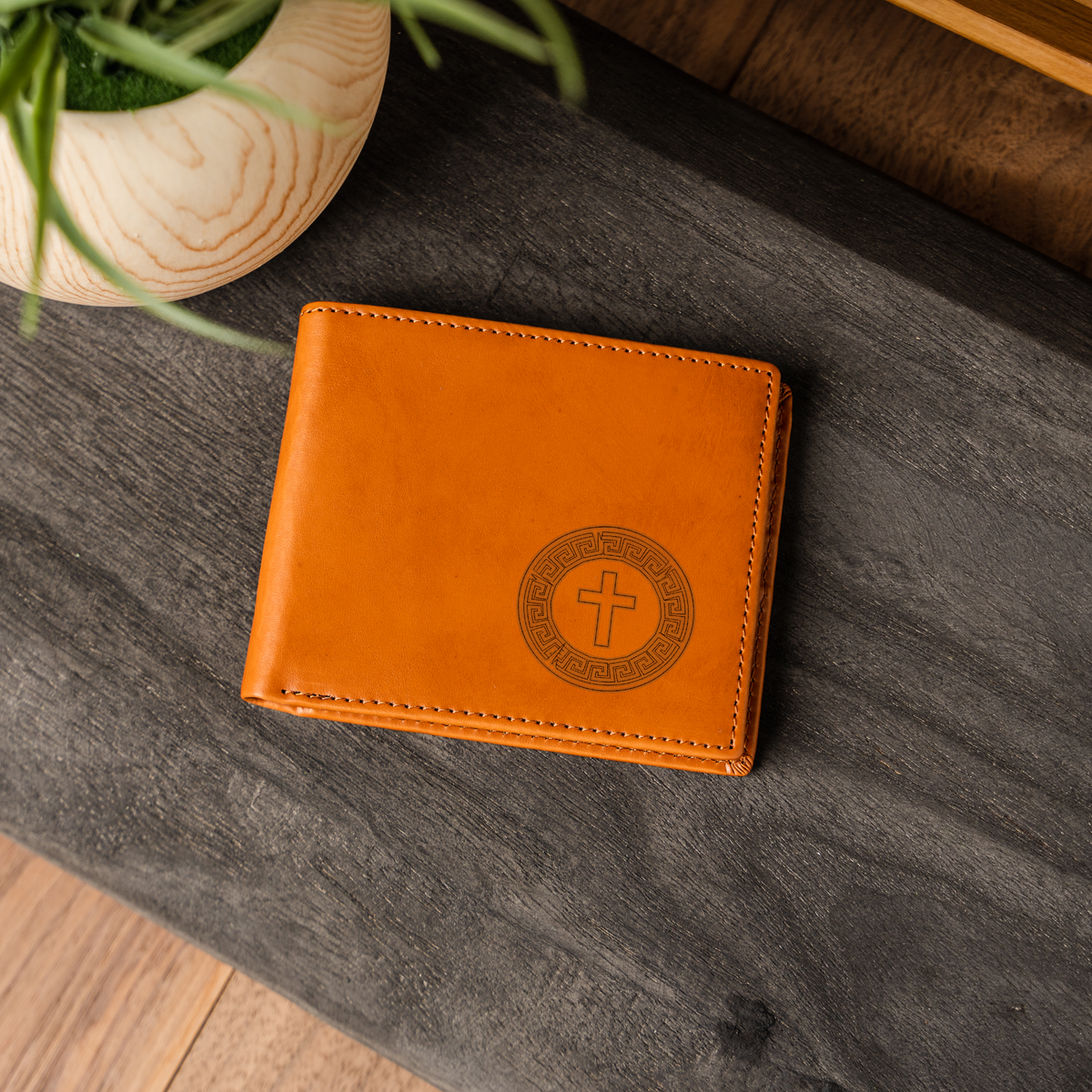 ACA - DEFENDERS - ACADIANA CHRISTIAN ATHLETICS Leather Bifold Wallet with Cross Design, Handmade Men's Wallet, Durable and Stylish Gift