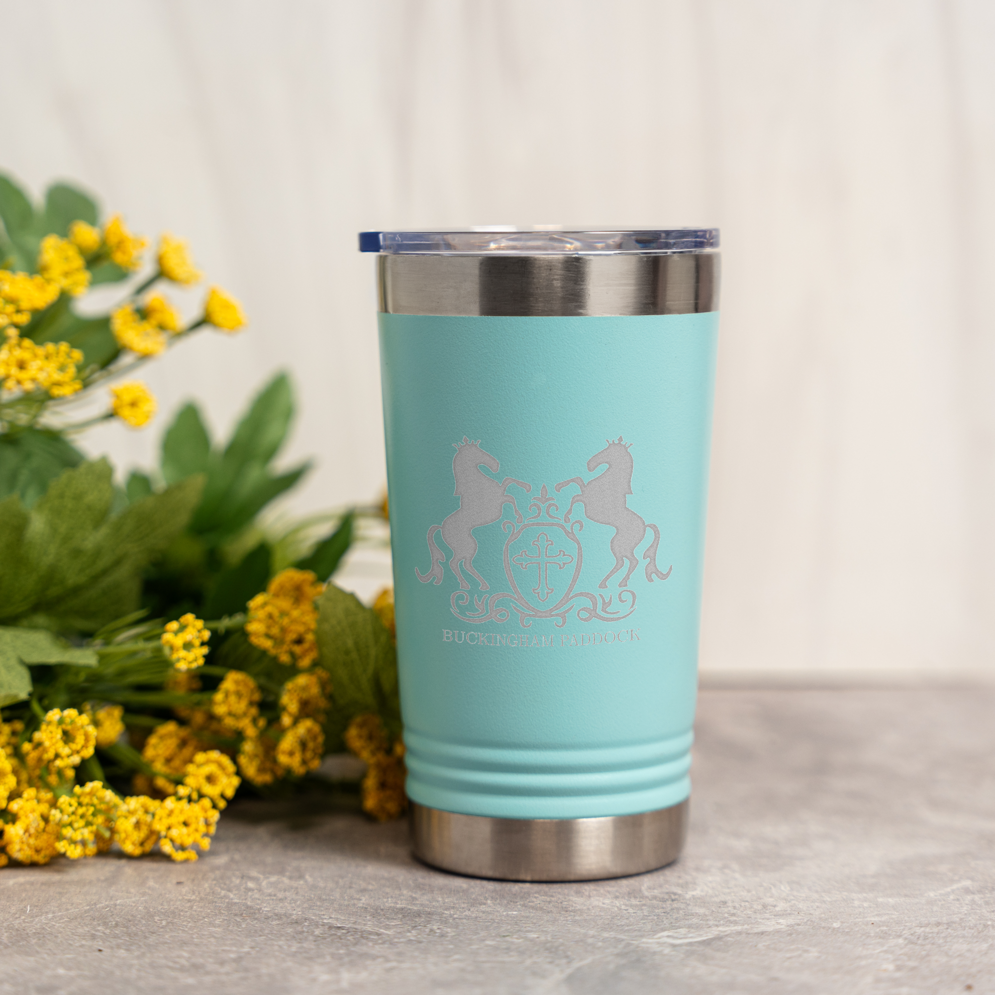 16 oz Stainless Steel Tumbler, Insulated Travel Mug, Buckingham Paddock Design, Keeps Drinks Hot or Cold