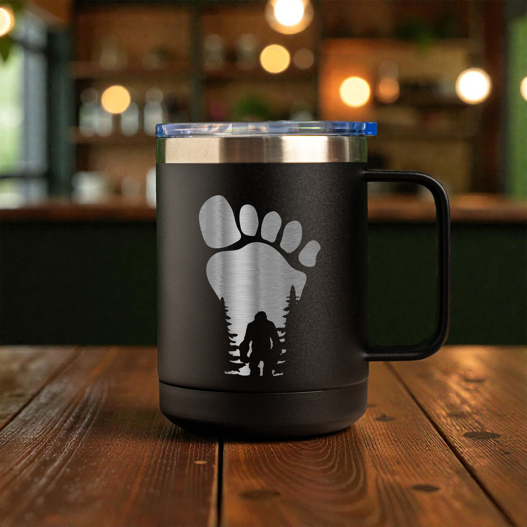 15oz Stainless Steel Mug with Bigfoot Design, Perfect for Coffee Lovers and Outdoor Adventures