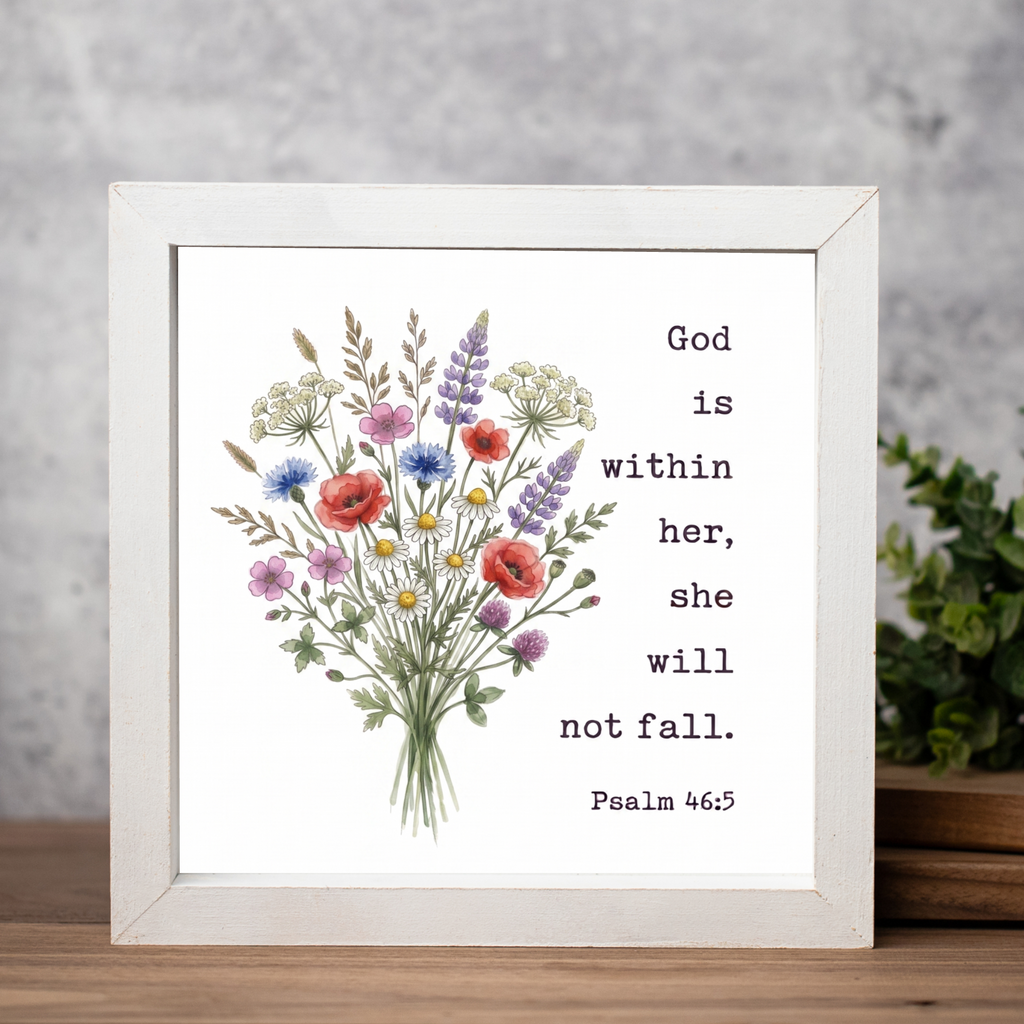 Wooden Framed Decor with Floral Design and Psalm 46:5 Quote
