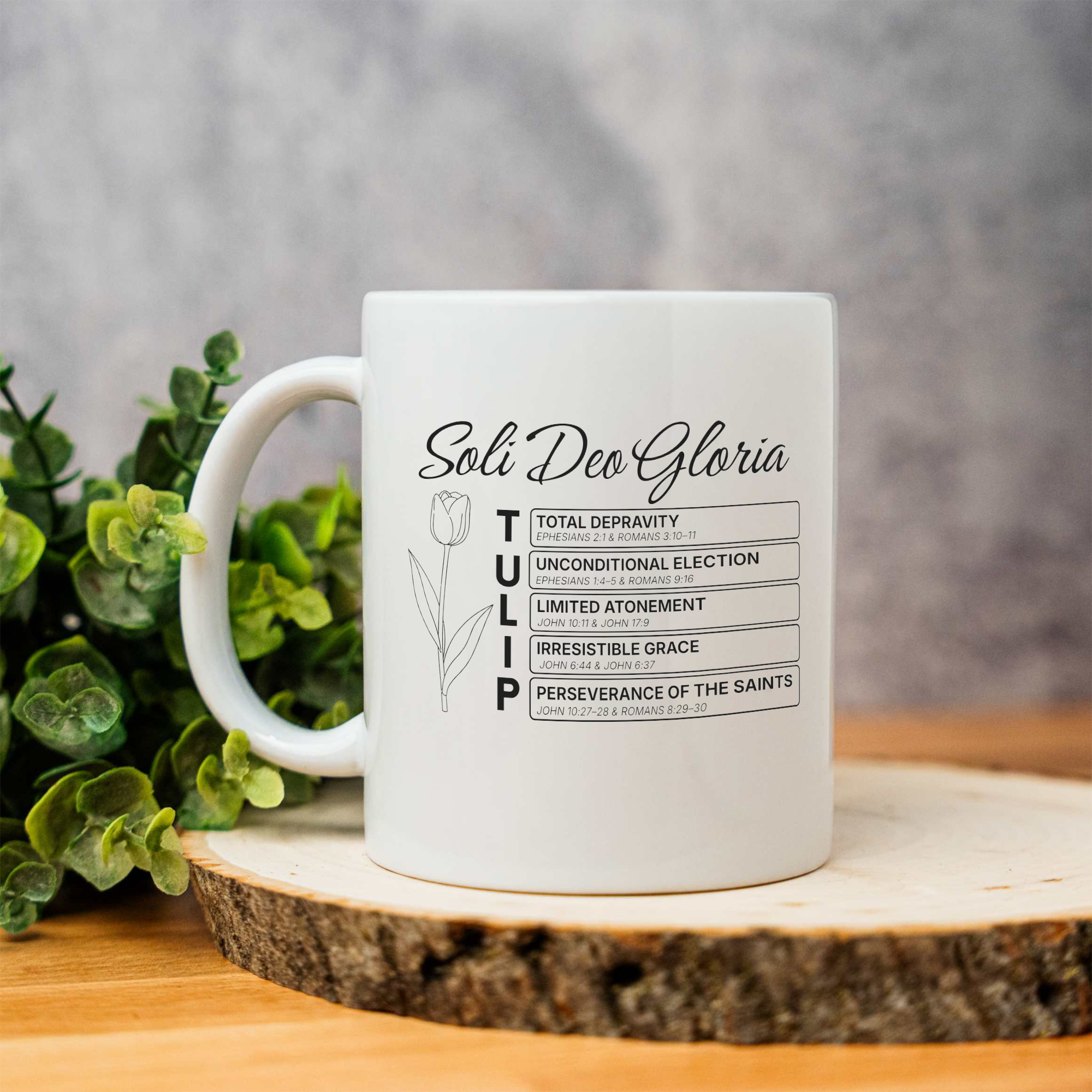 Floral Coffee Mug with Tulip Design, Reformed Theology, Christian Gift T.U.L.I.P. 