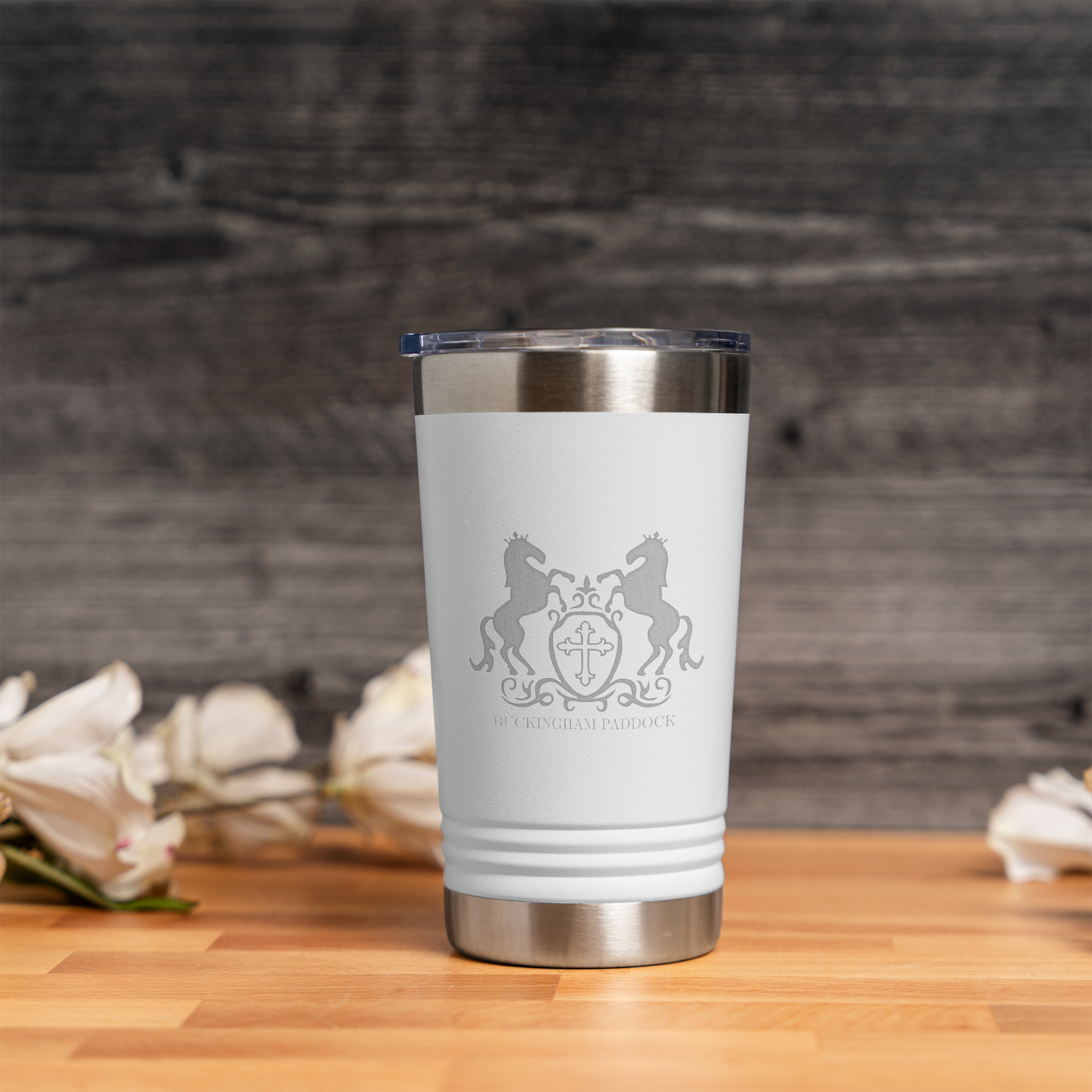 16 oz Stainless Steel Tumbler, Insulated Travel Mug, Buckingham Paddock Design, Keeps Drinks Hot or Cold
