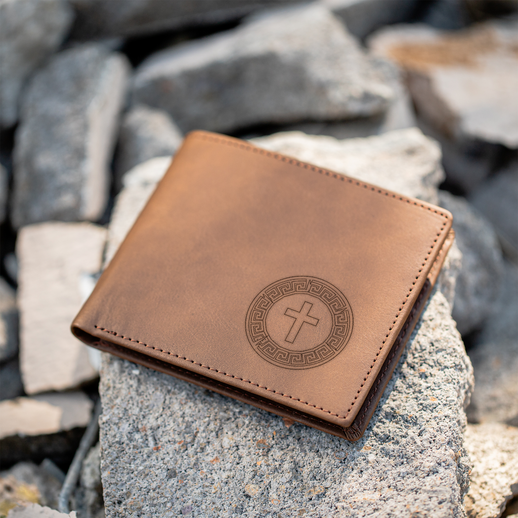 ACA - DEFENDERS - ACADIANA CHRISTIAN ATHLETICS Leather Bifold Wallet with Cross Design, Handmade Men's Wallet, Durable and Stylish Gift