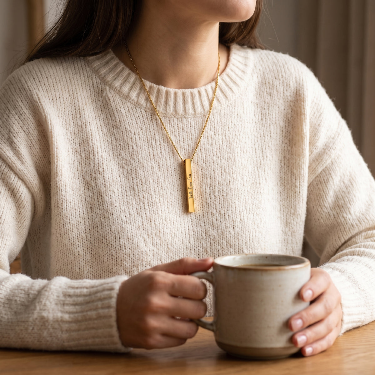 Faith Over Fear Vertical Bar Necklace, Personalized Name Pendant, Gift for Her