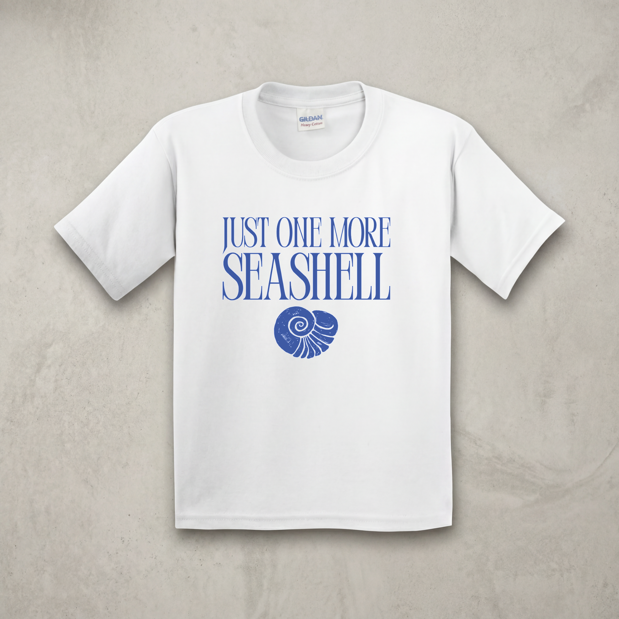Youth Heavy Cotton T-Shirt, Gildan 5000B, Just One More Seashell Design, Fun Beach Tee