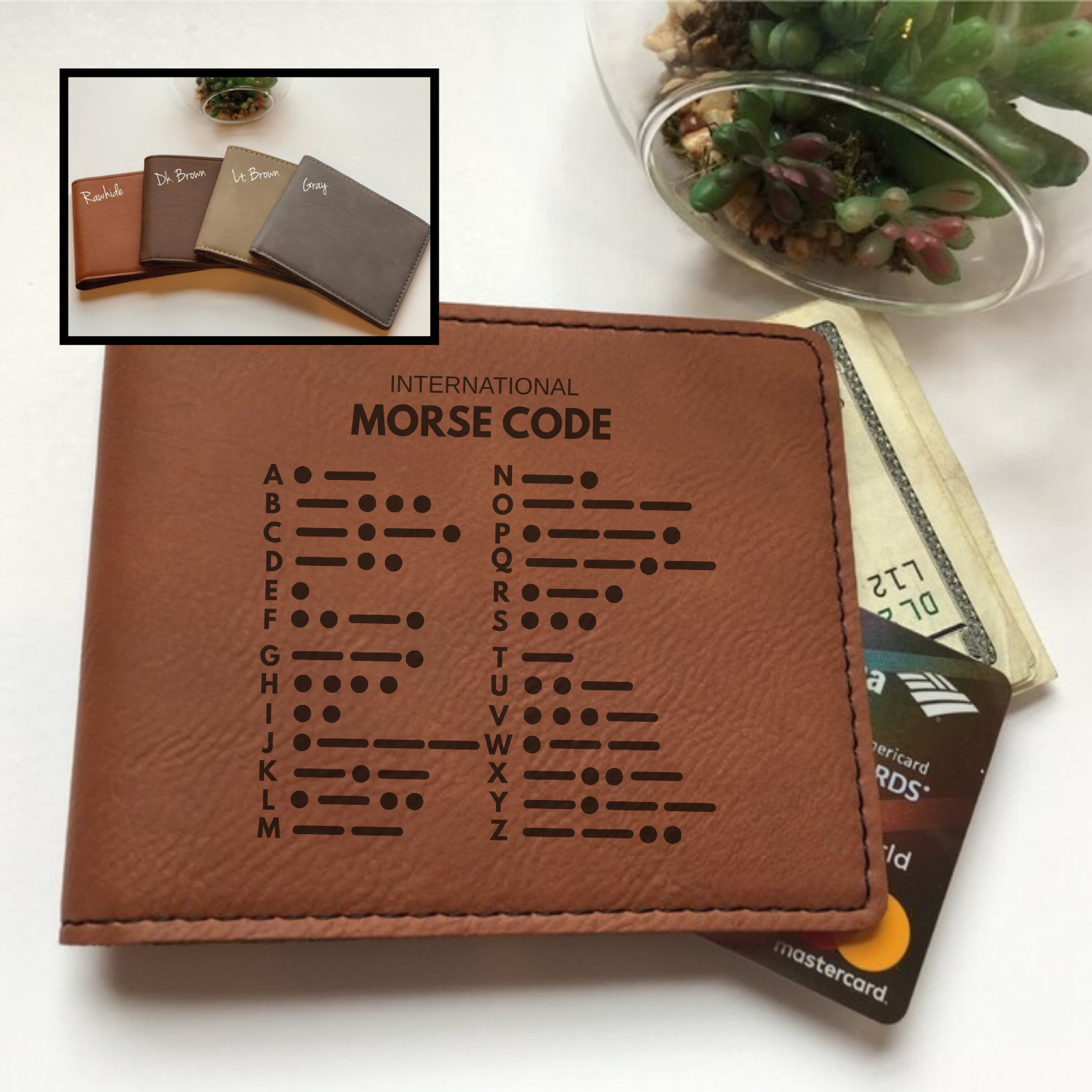 Custom Vegan Rawhide Leather Bifold Wallet international Morse Code