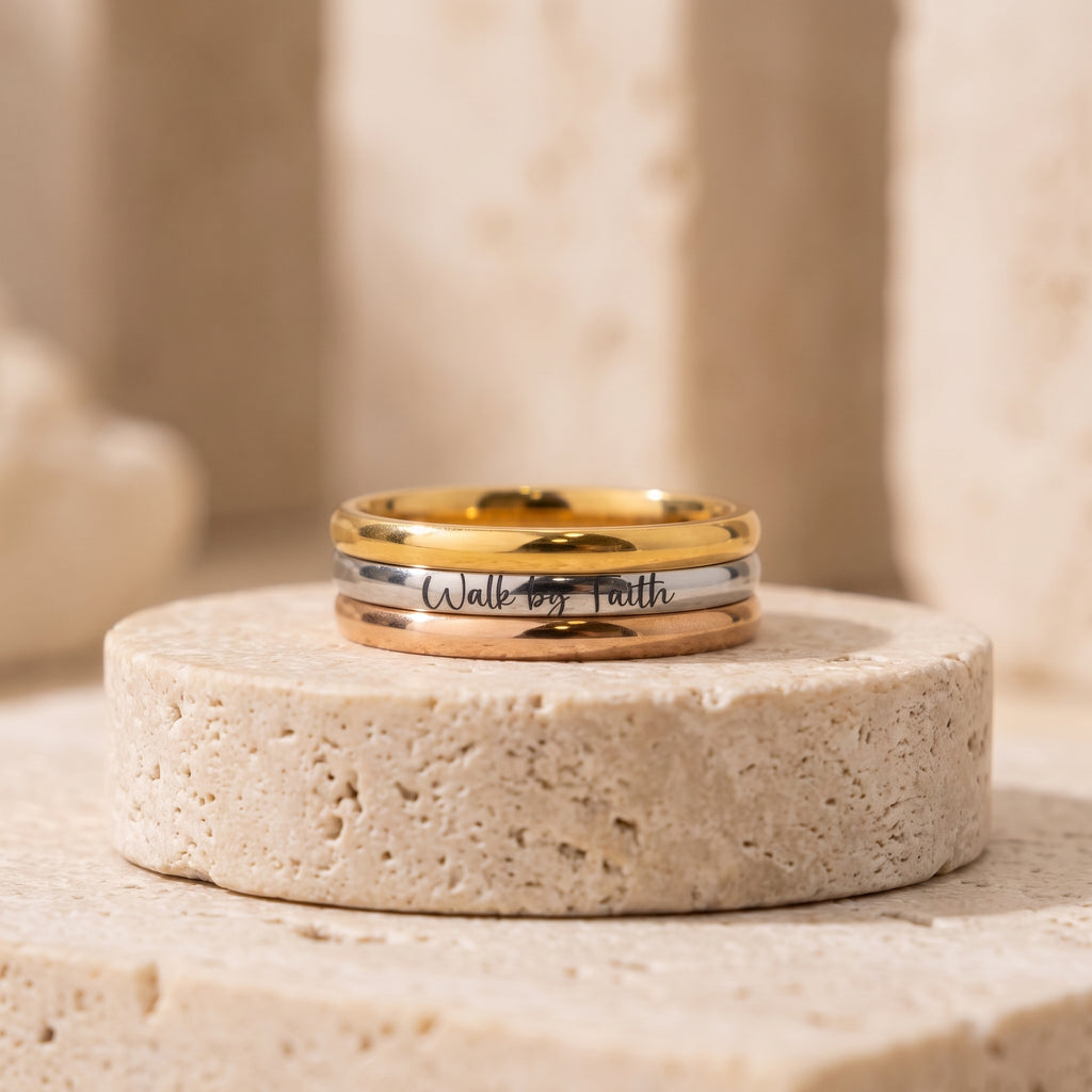 Stackable Rings Set, Inspirational Walk by Faith Design, Silver or Gold