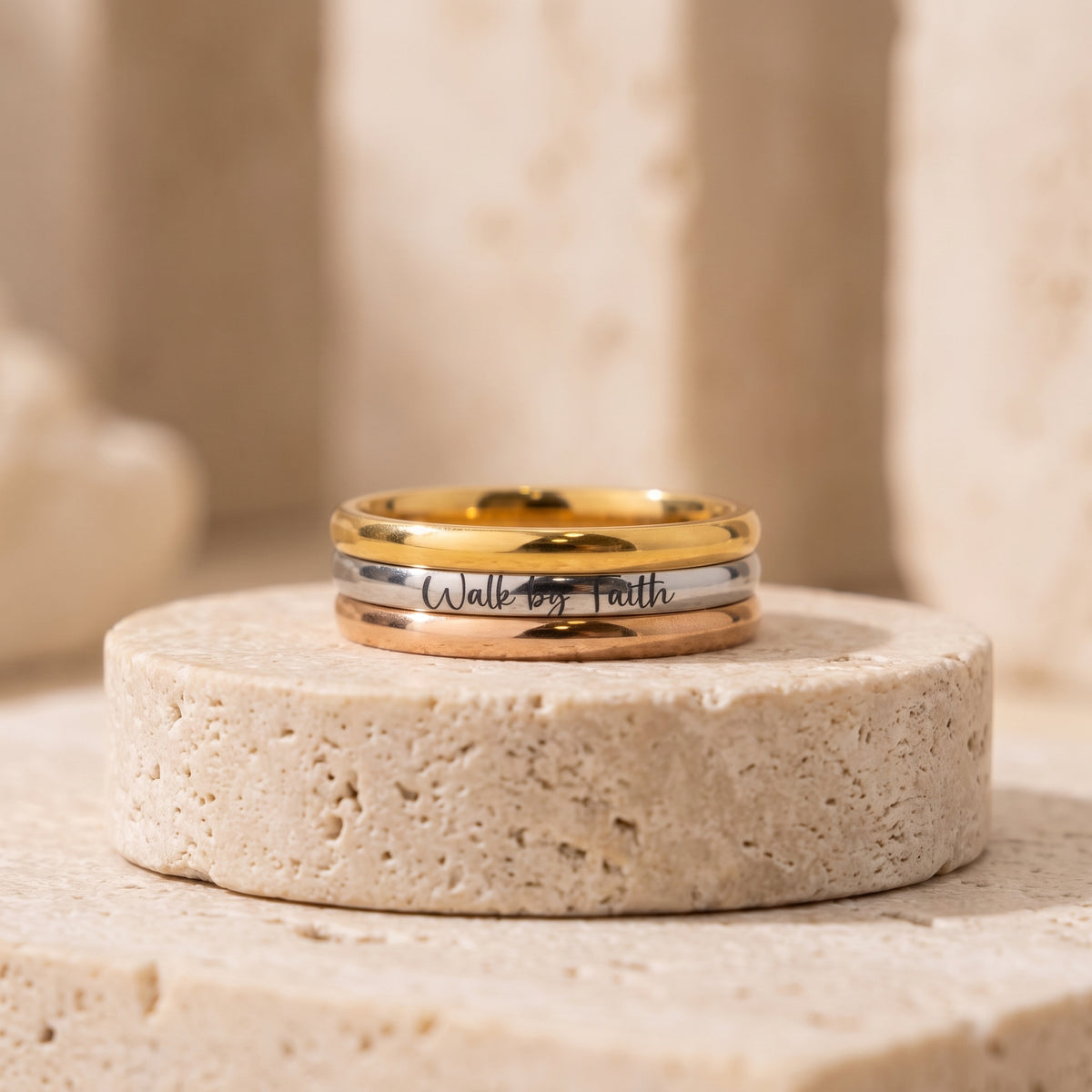 Stackable Rings Set, Inspirational Walk by Faith Design, Silver or Gold