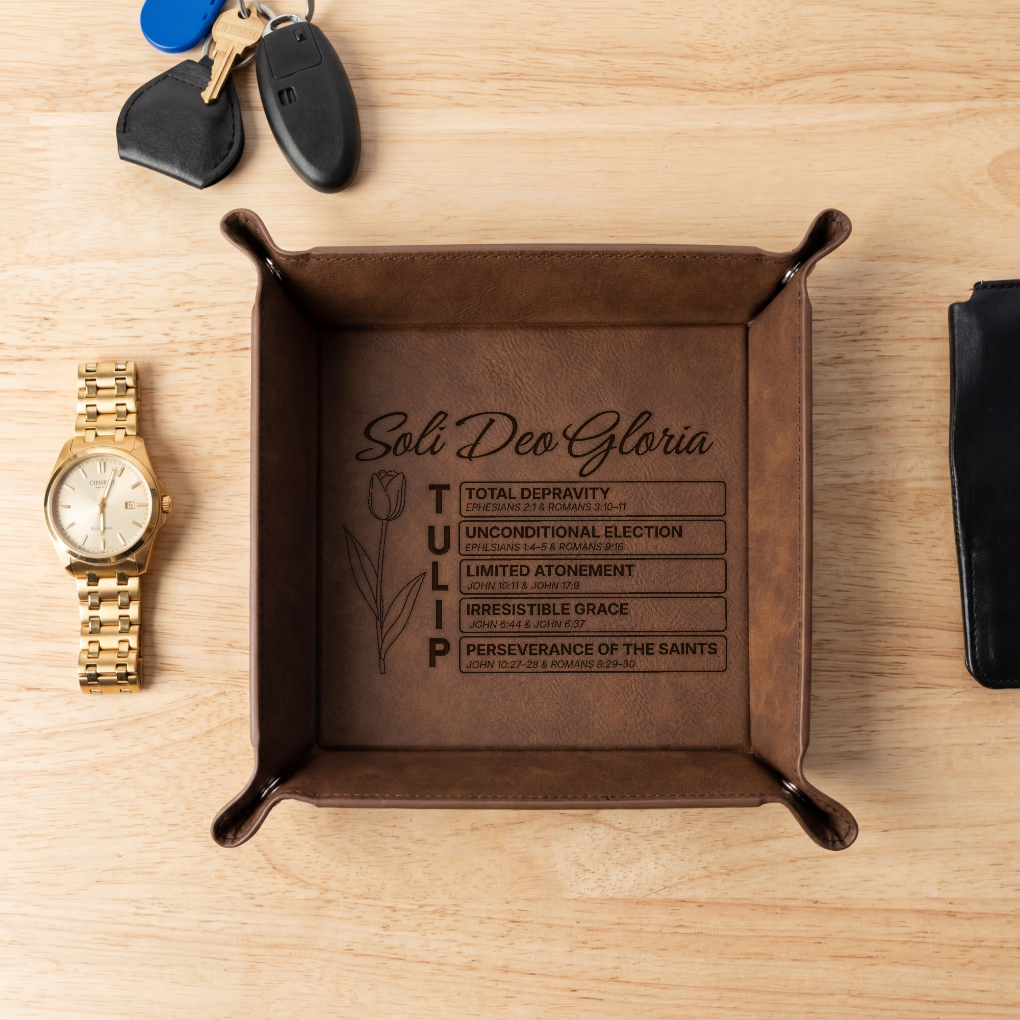 Vegan Leather Snap Up Tray, Decorative Organizer, Desk Catchall, Tulip Design, Reformed Theology, Christian Gift T.U.L.I.P.