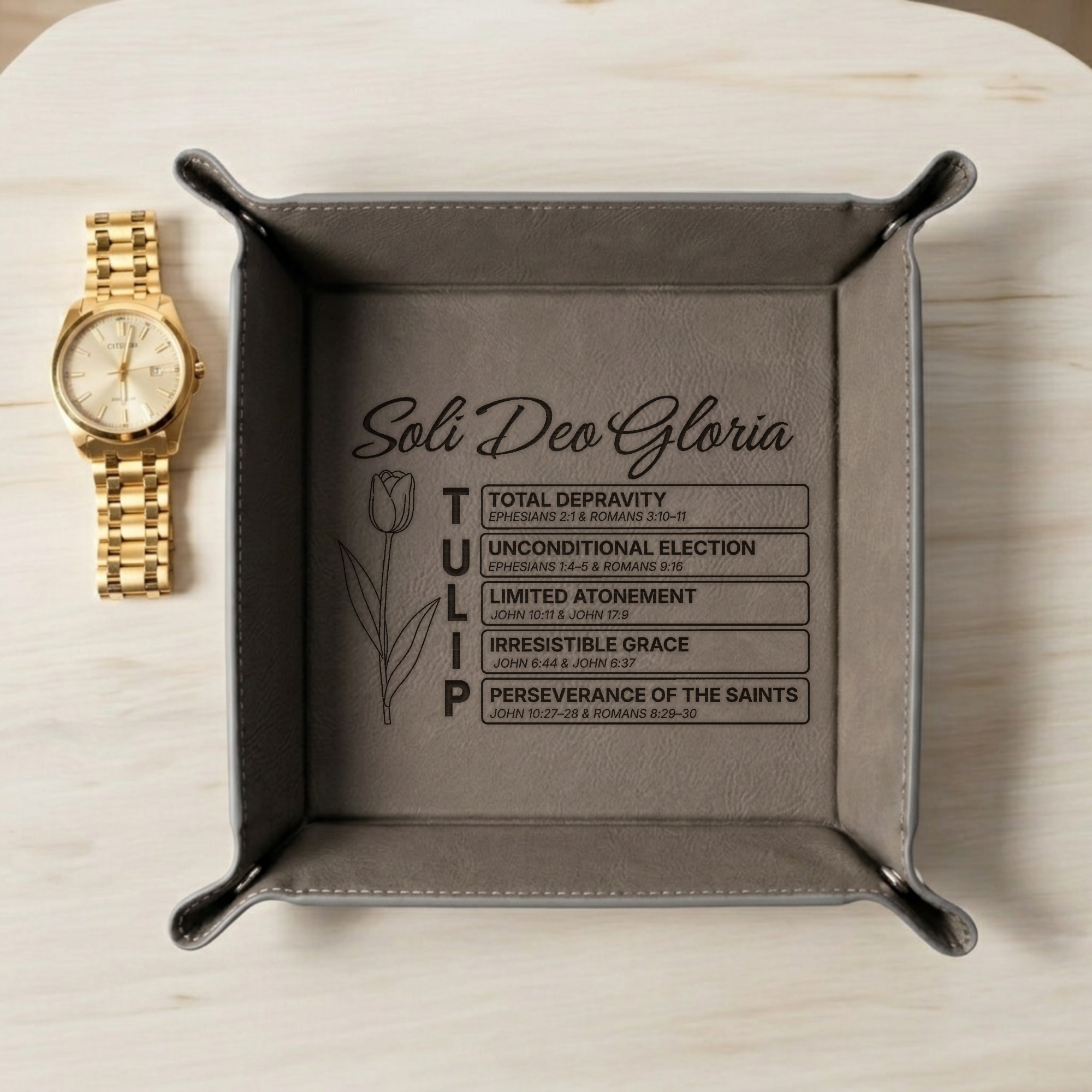 Vegan Leather Snap Up Tray, Decorative Organizer, Desk Catchall, Tulip Design, Reformed Theology, Christian Gift T.U.L.I.P.