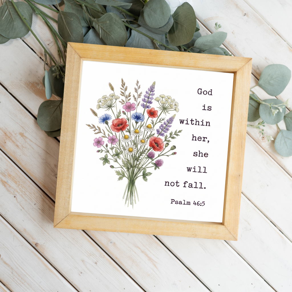 Wooden Framed Decor with Floral Design and Psalm 46:5 Quote