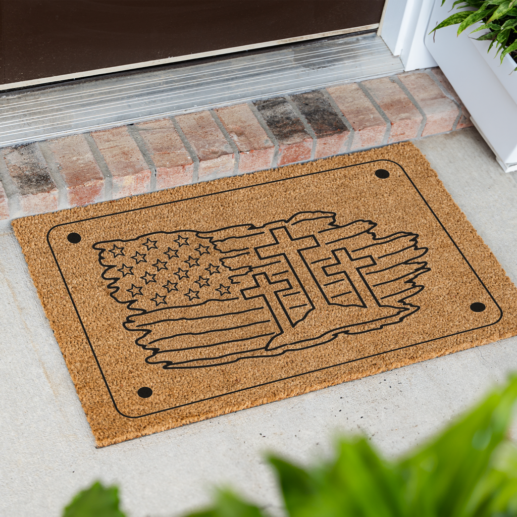 Patriotic Cross Doormat with American Flag Design for Home Decor, Indoor Outdoor Welcome Mat