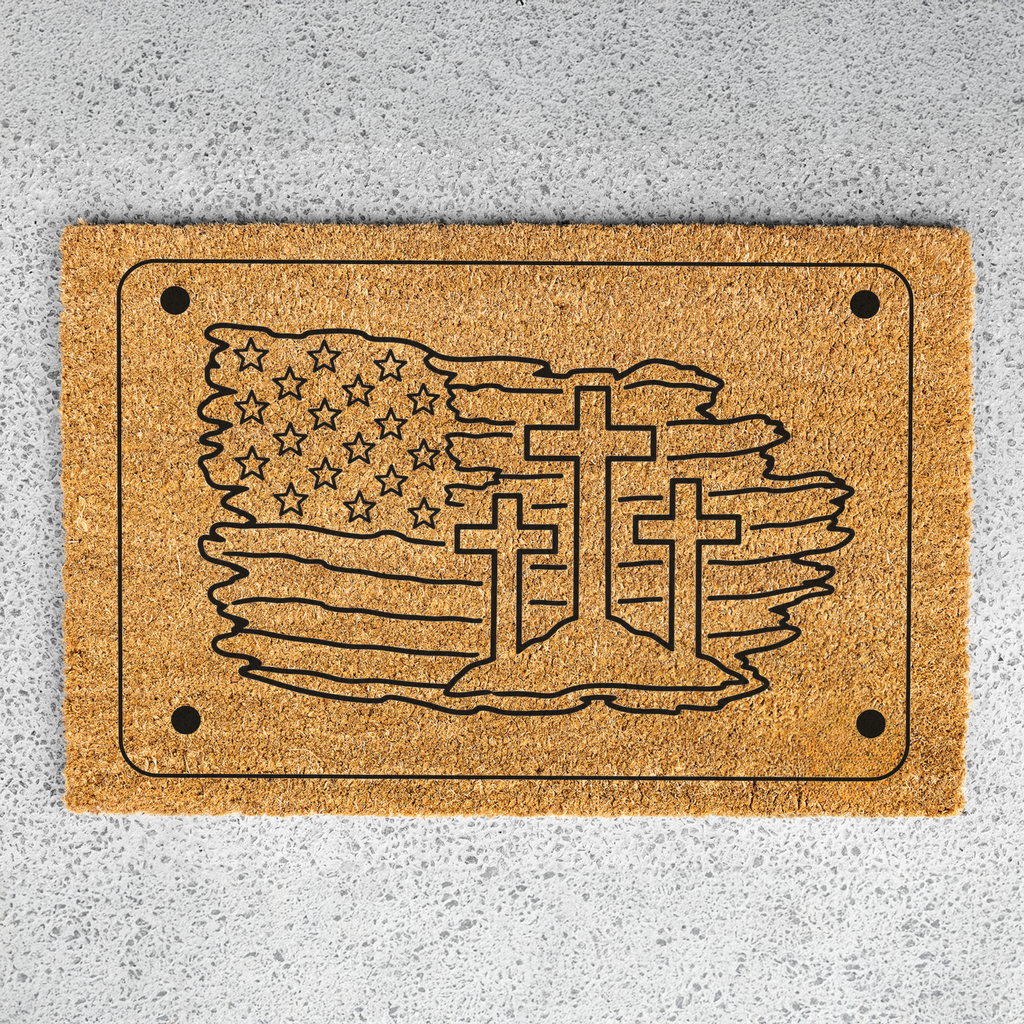 Patriotic Cross Doormat with American Flag Design for Home Decor, Indoor Outdoor Welcome Mat
