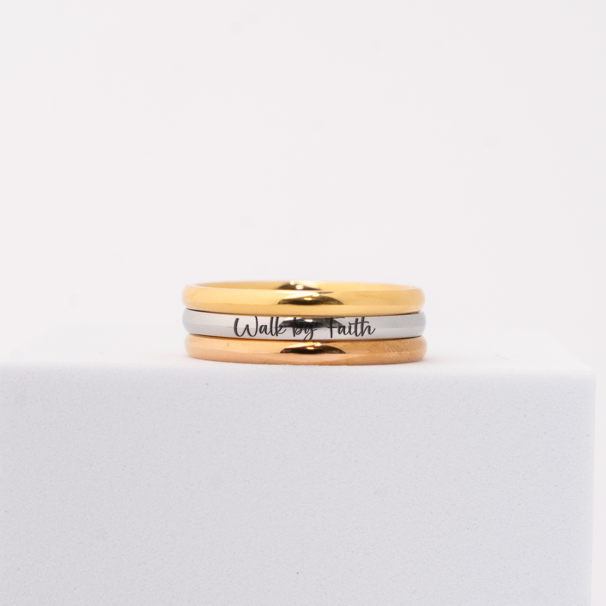 Stackable Rings Set, Inspirational Walk by Faith Design, Silver or Gold