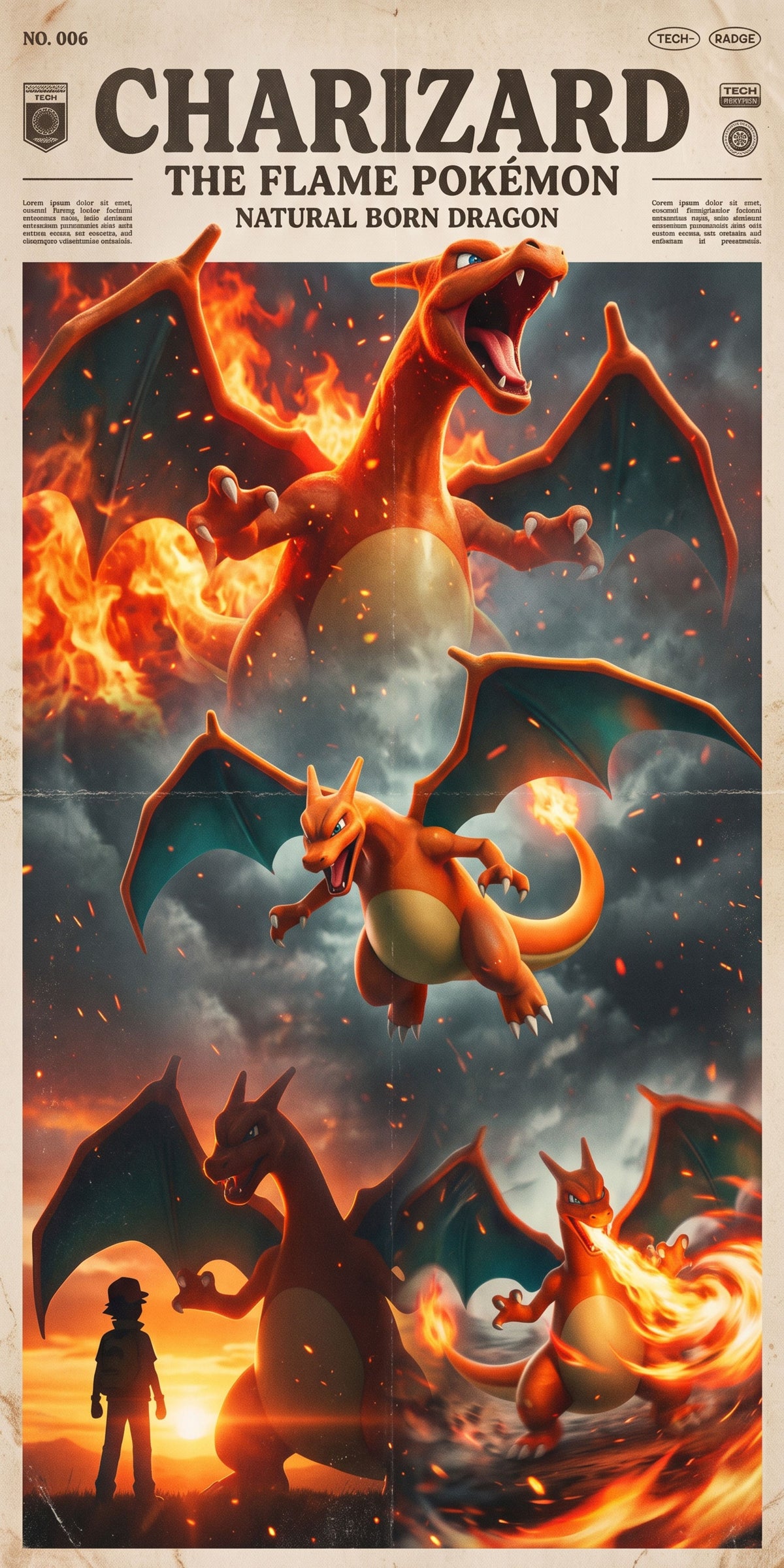 12x24 Charizard Framed Wall Art for Fans,Unique Decor, Pokemon