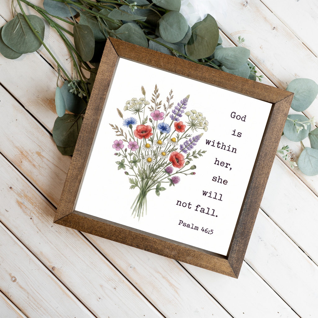 Wooden Framed Decor with Floral Design and Psalm 46:5 Quote