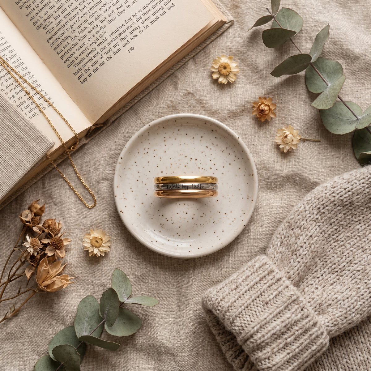 Stackable Rings Set, Inspirational Walk by Faith Design, Silver or Gold