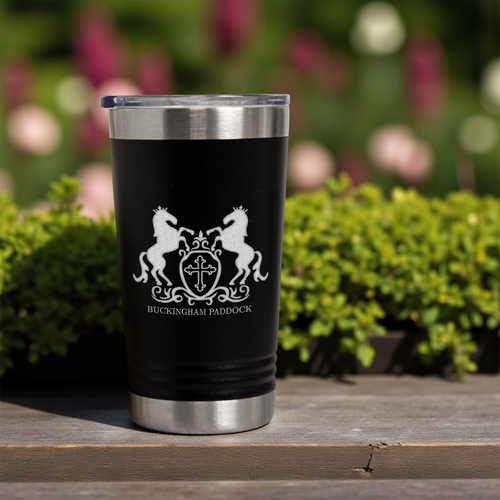16 oz Stainless Steel Tumbler, Insulated Travel Mug, Buckingham Paddock Design, Keeps Drinks Hot or Cold