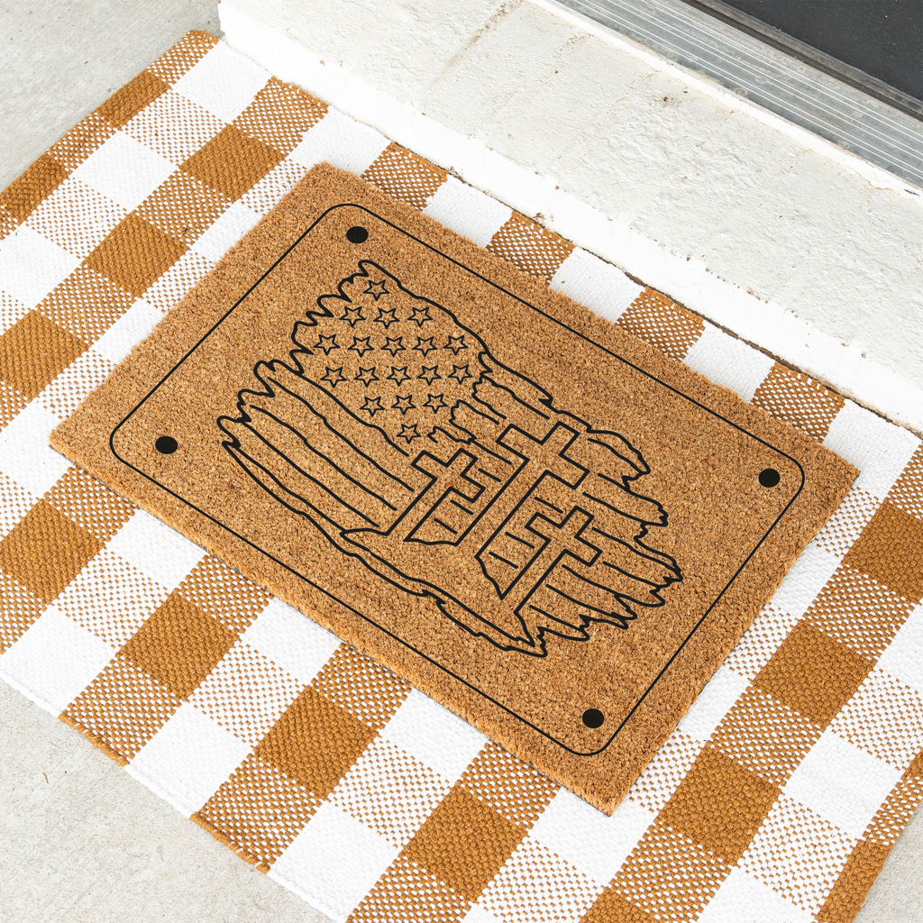 Patriotic Cross Doormat with American Flag Design for Home Decor, Indoor Outdoor Welcome Mat