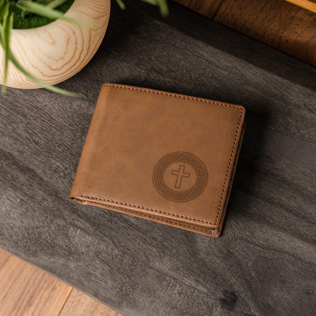 ACA - DEFENDERS - ACADIANA CHRISTIAN ATHLETICS Leather Bifold Wallet with Cross Design, Handmade Men's Wallet, Durable and Stylish Gift