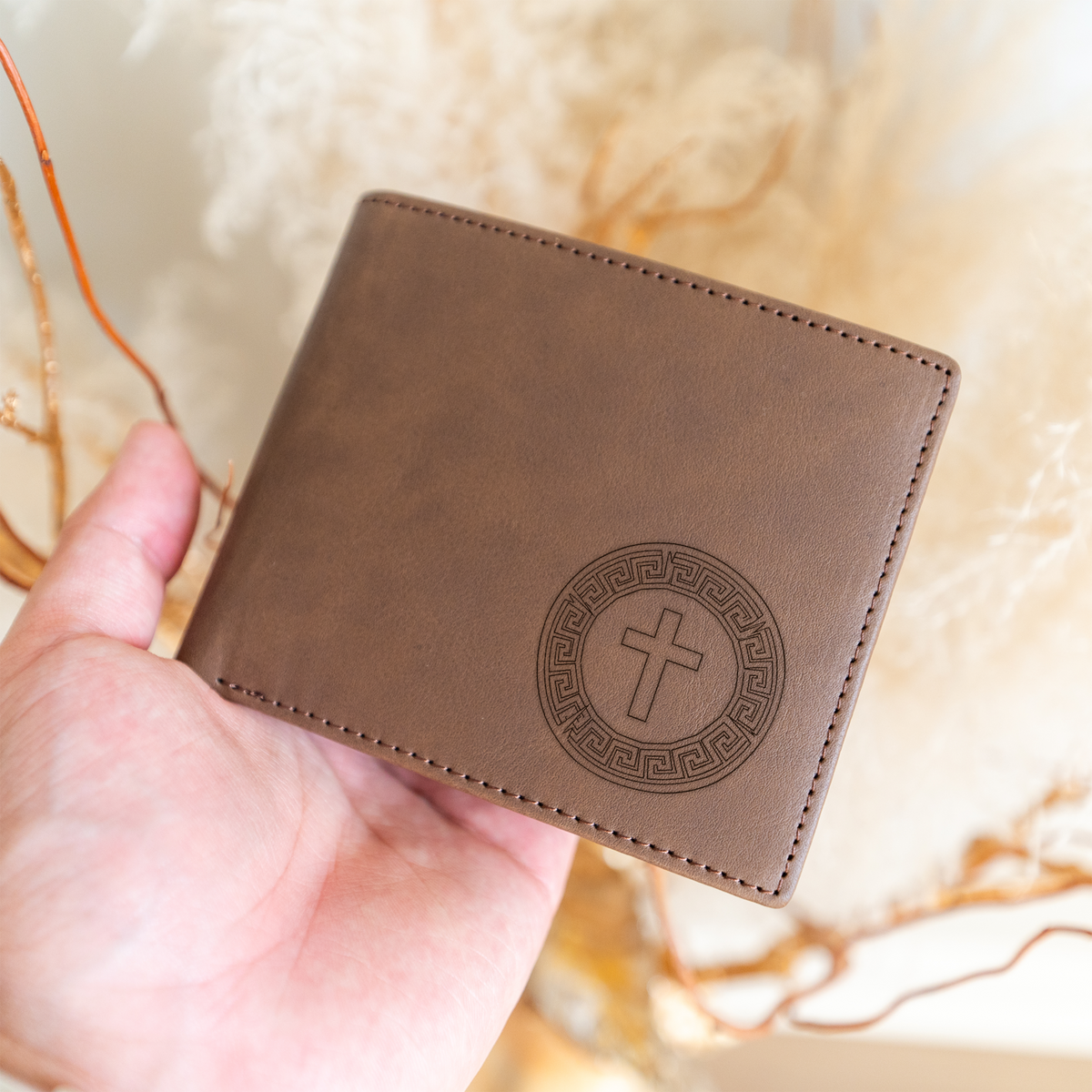 ACA - DEFENDERS - ACADIANA CHRISTIAN ATHLETICS Leather Bifold Wallet with Cross Design, Handmade Men's Wallet, Durable and Stylish Gift