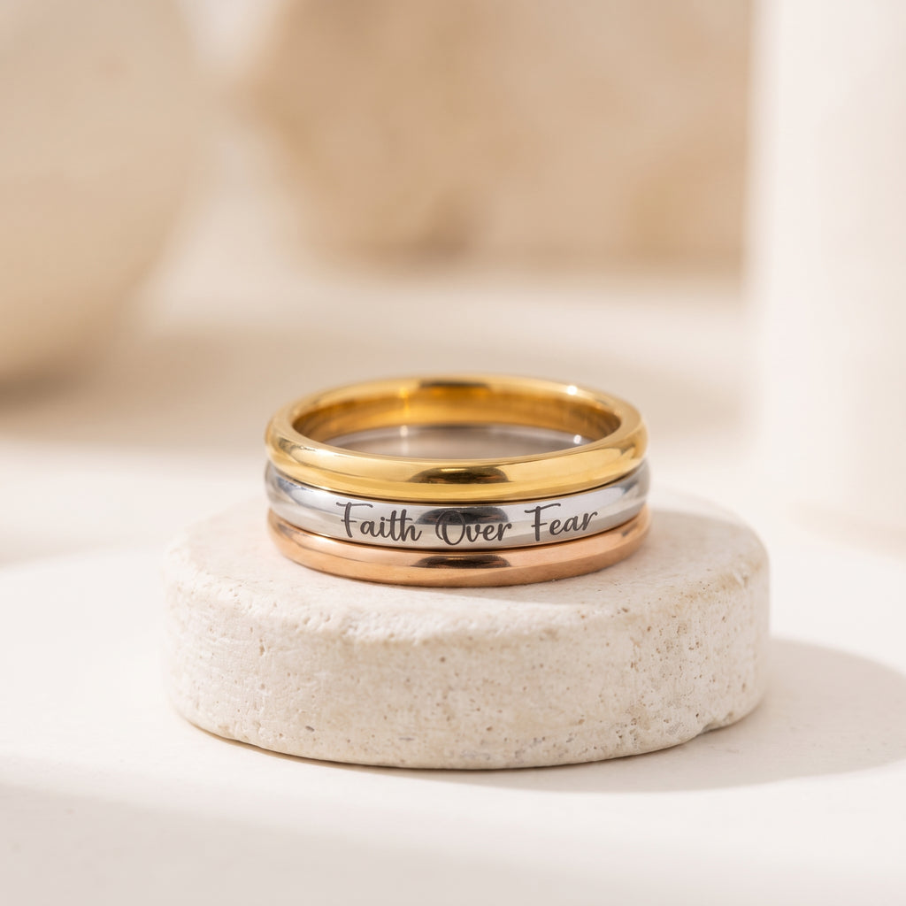 Faith Over Fear Stackable Rings Set, Inspirational Jewelry, Silver or Gold Finish