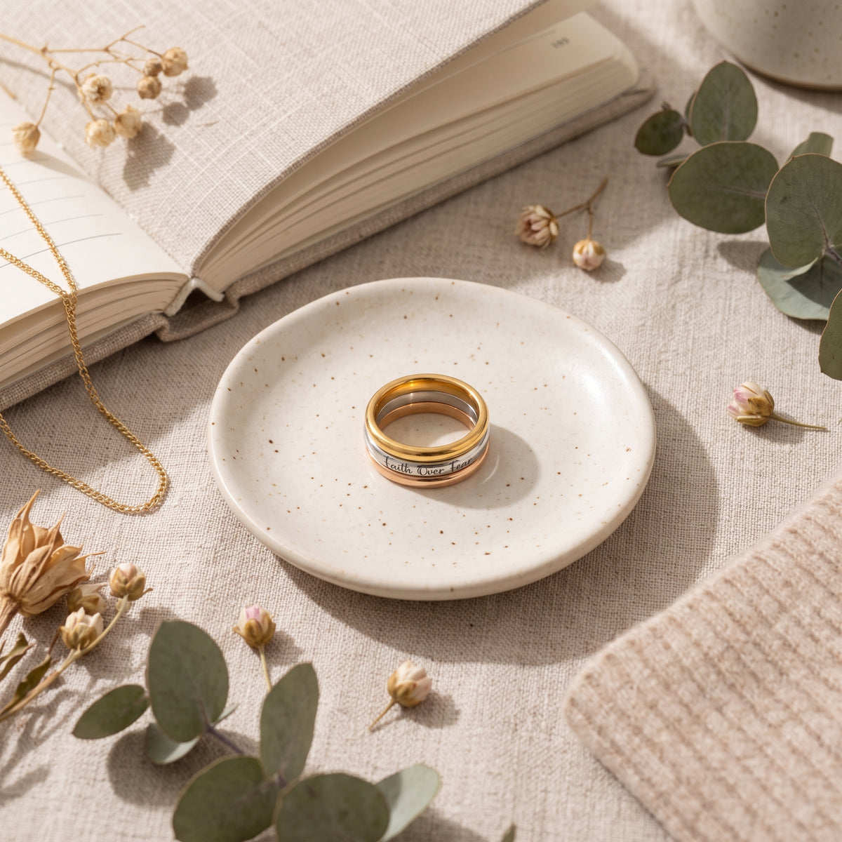 Faith Over Fear Stackable Rings Set, Inspirational Jewelry, Silver or Gold Finish
