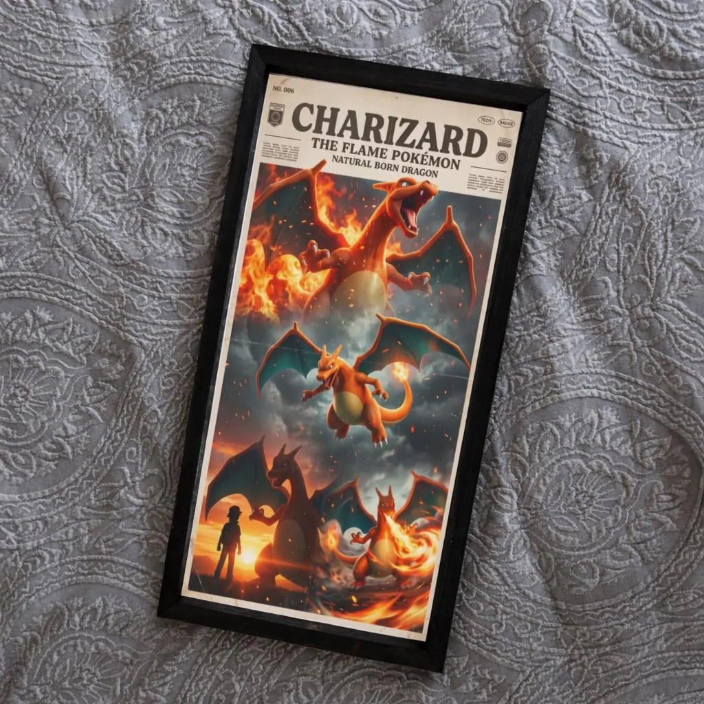 12x24 Charizard Framed Wall Art for Fans,Unique Decor, Pokemon