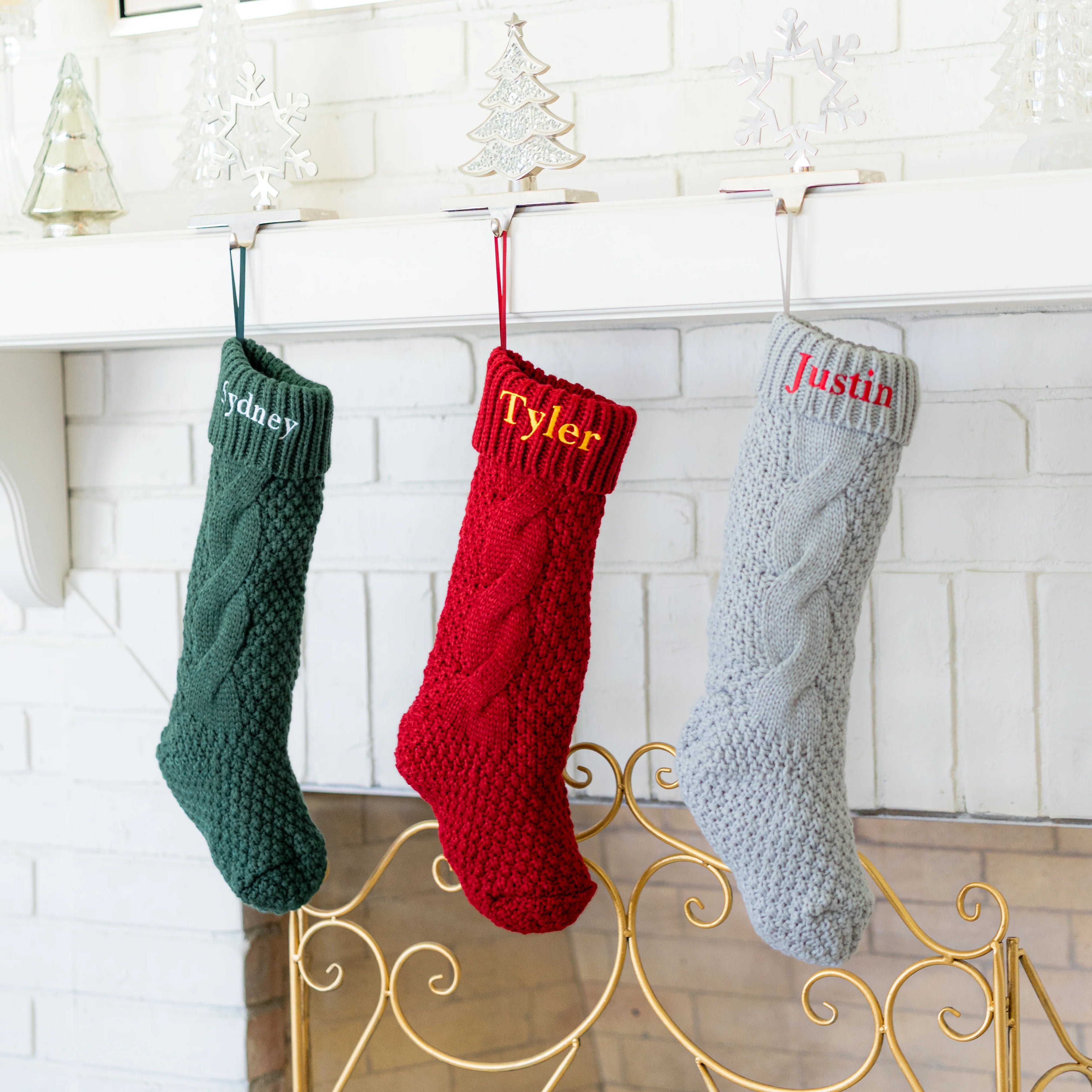 Embroidered Cable Knit Christmas Stockings